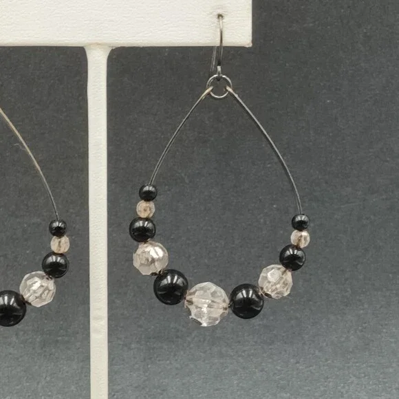 Pierced Earrings Gun Metal Gray Teardrop Wire Loop Acrylic Beaded Dangle 2" - Picture 4 of 10